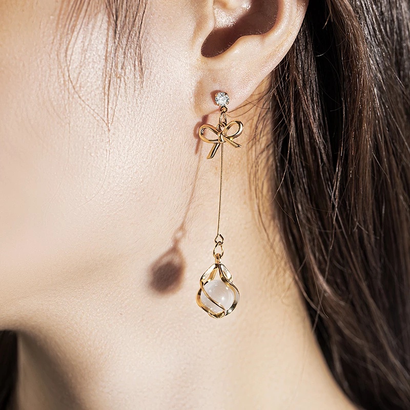 Bông tai bạc 925 dáng dài đính đá Opal Hàn Quốc đơn giản nữ tính
