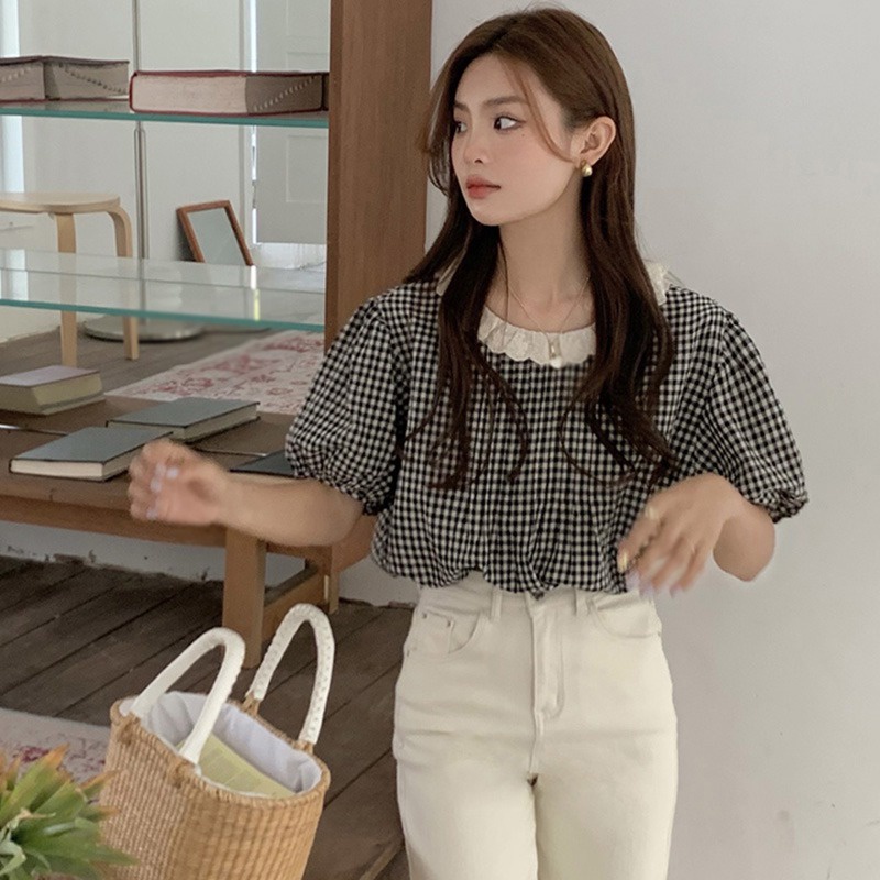 Áo Sơ Mi Tay Ngắn Cổ Tròn Phối Ren Thời Trang Hàn Quốc Dành Cho Nữ