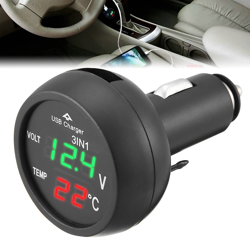 Tẩu Sạc USB + Vôn Kế 3 Trong 1 + Đồng Hồ Đo Nhiệt Độ Cho Xe Hơi