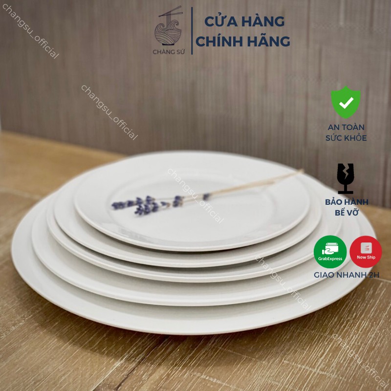 Đĩa sứ tròn to đáy cạn trắng trơn 22 25 28cm - Dĩa bít tết lòng nông sứ Hảo Cảnh cỡ trung