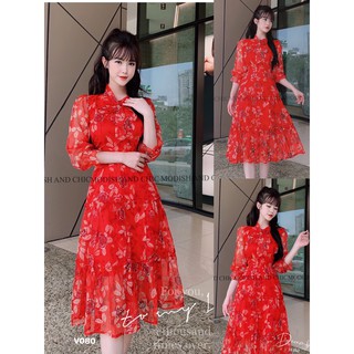 V080 váy đỏ xòe cổ nơ - MC phân phối chính thức (kèm ảnh thật sp shop tự chụp)