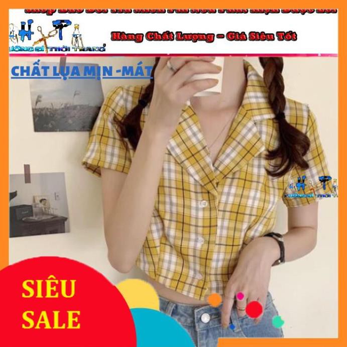 [Siêu Sale] Áo Sơ mi Nữ lửng croptop cổ vét ngắn tay Phối sọc kẻ ca rô hót trend 2020 thời trang mới- hàng có sẵn