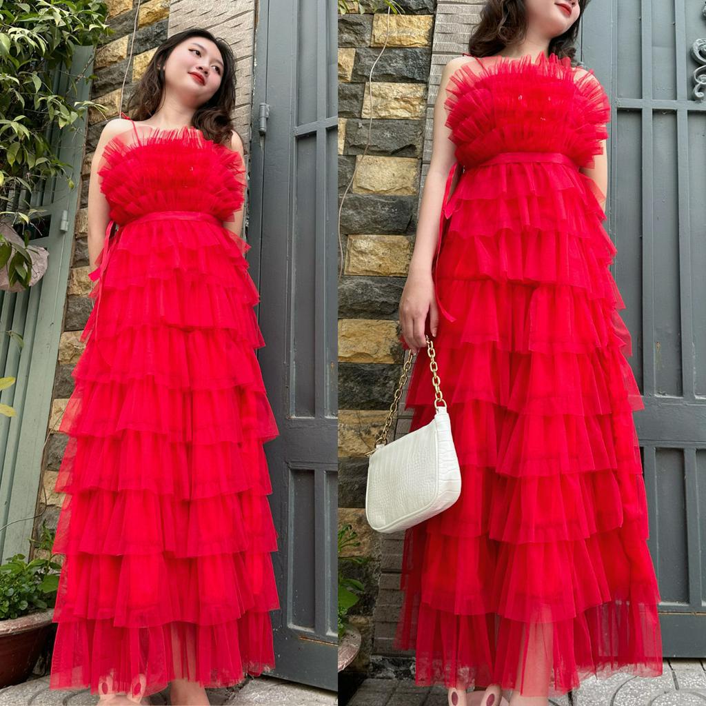 Váy Maxi Tầng Lưới tiểu thư voan tơ 2 dây Có Mút Ngực - đầm Nữ trễ vai công chúa phong cách ulzzang hàn quốc G5