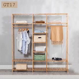 Giá treo quần áo bằng gỗ đa năng cao cấp có giá đựng chăn, vali và giày dép GT17