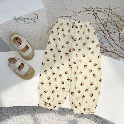 Quần bom xô muslin họa tiết cho bé, quần bom trẻ em bo chun 1QU128 Kakummi