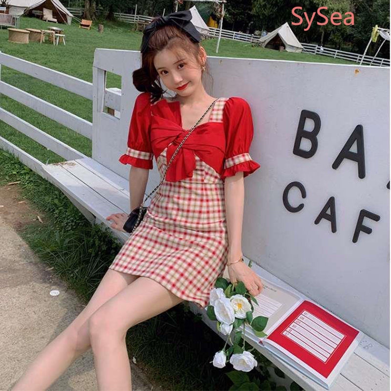 Đầm caro lưng cao thắt nơ cổ vuông phong cách mùa hè thời trang Hàn Quốc cho nữ | BigBuy360 - bigbuy360.vn