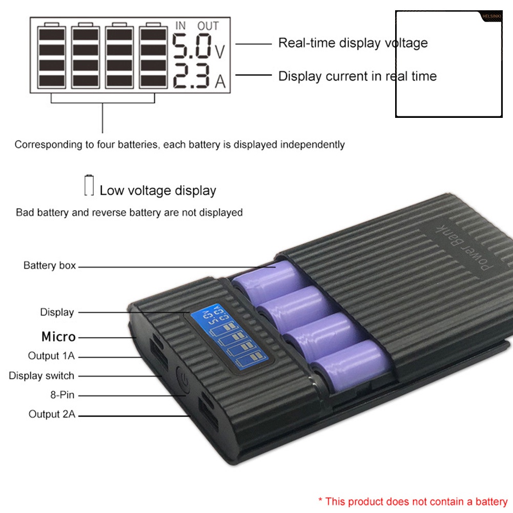 Vỏ sạc dự phòng rỗng 4 ngăn pin 18650 có đèn LED và màn hình LCD