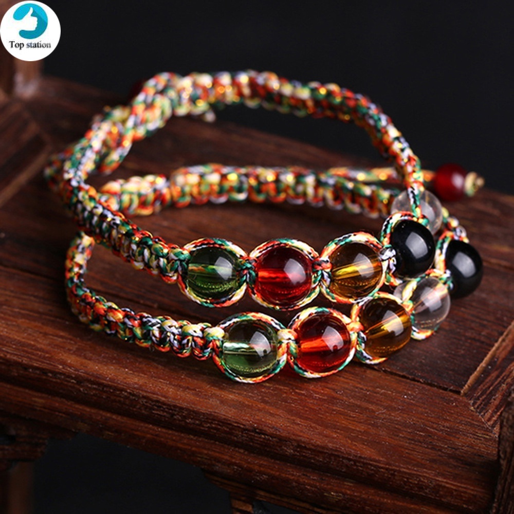 Vòng tay dây bện đính hạt kính nhiều màu