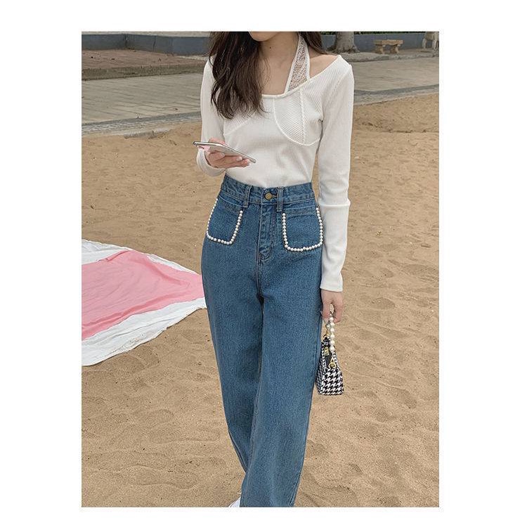Quần Jeans lưng cao đính ngọc trai phong cách Retro​​Quần dài ống rộng dáng suông thiết kế thời trang
