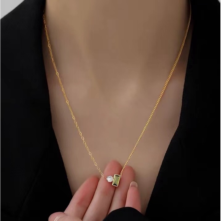 Dây Chuyền Mạ Vàng 18K Màu Xanh Lá Phối Xích Thời Trang Cho Nữ