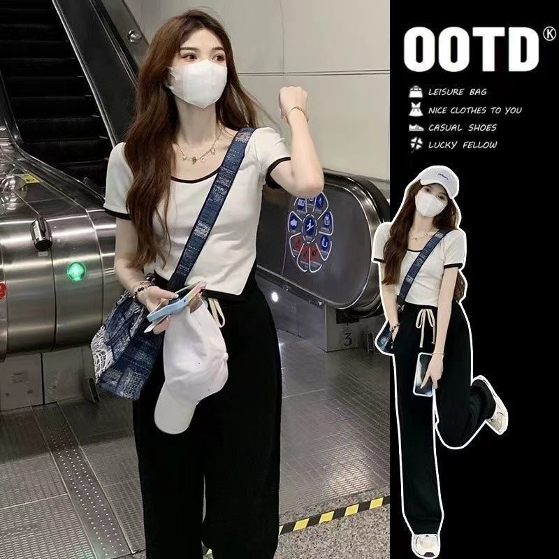 Set đồ COZOKC gồm áo thun tay ngắn và quần dài ống rộng phong cách Hàn Quốc cho nữ