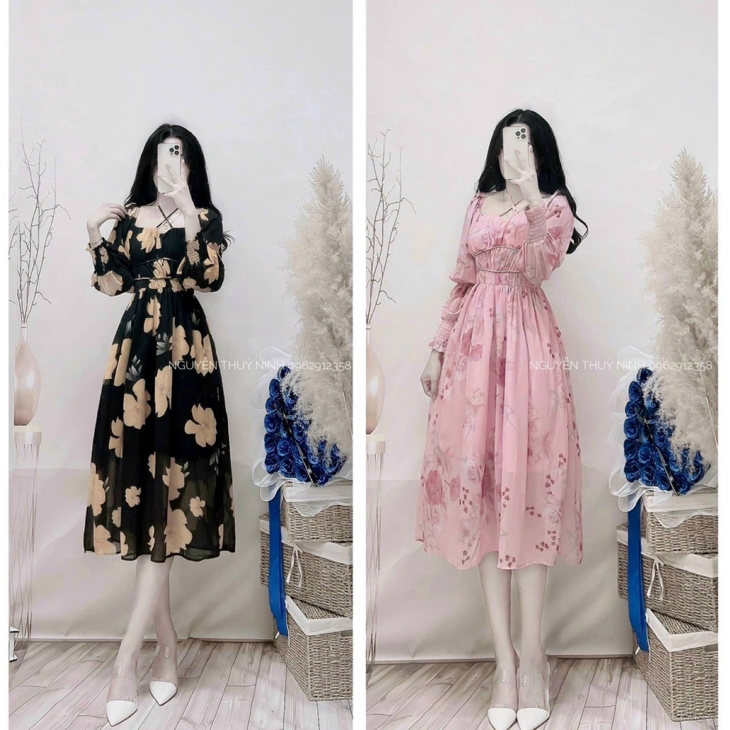 Đầm váy nữ voan hoa tay dài đan dây cực xinh xắn, nhẹ nhàng thích hợp cho các nàng thơ đi dự tiệc, dạo phố hoặc đi chơi