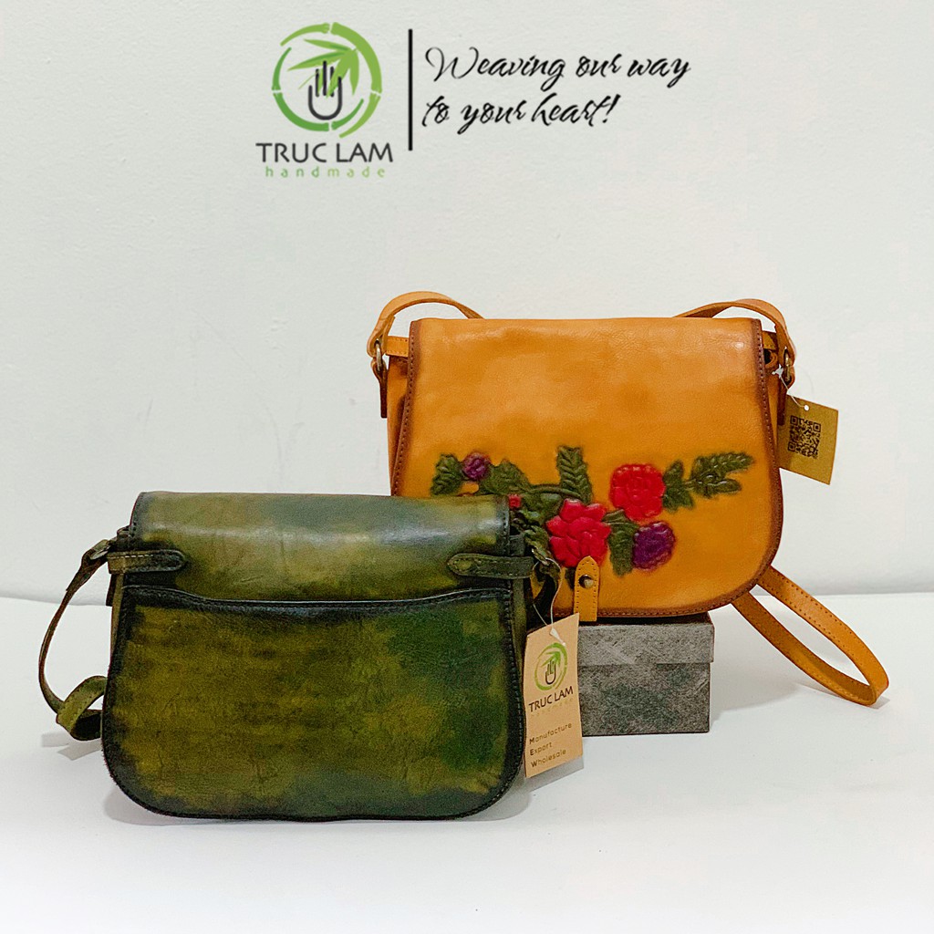 Túi Đeo Chéo Thời Trang Nữ Da Thật Cao Cấp Họa Tiết Cành Hoa – Trúc Lâm Handmade