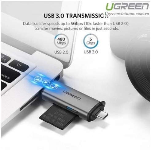 Đầu đọc thẻ nhớ SD/TF chuẩn Type-C và USB 3.0 UGREEN 50706