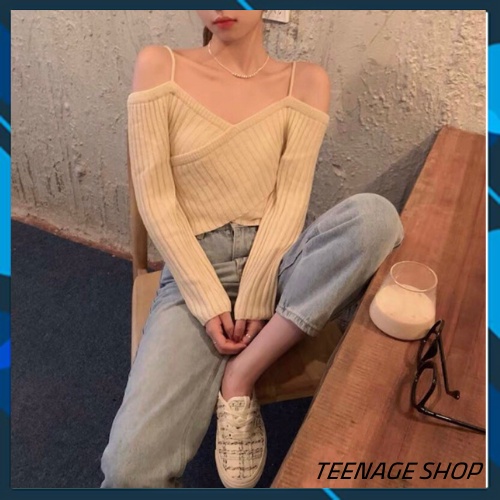 Áo len croptop trễ vai tay dài nữ Hàn Quốc ulzzang | BigBuy360 - bigbuy360.vn