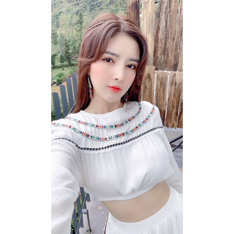 [🍁Hàng sẵn] Set đầm maxi trắng nối tầng viền thổ cẩm boho du lịch chụp ảnh | BigBuy360 - bigbuy360.vn