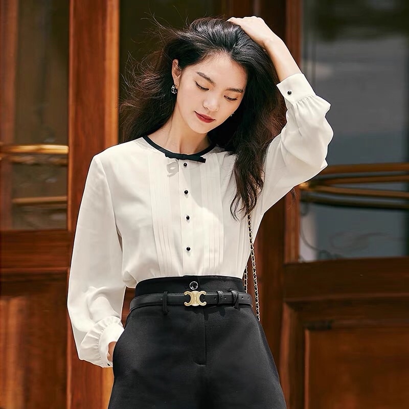 Áo sơ mi trắng viền nơ đen Eifini