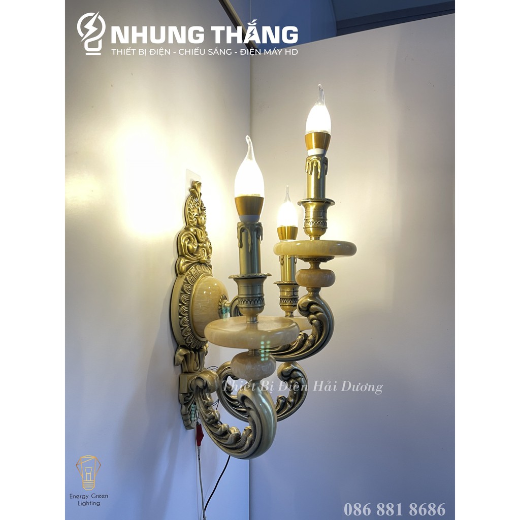 Đèn Tường Nến Đồng Đá Cổ Điển Cao Cấp 8852-3 - Đèn Trang Trí Phòng Khách,Phòng Thờ - Tặng Kèm 3 Bóng Led - Bảo Hành 1Năm