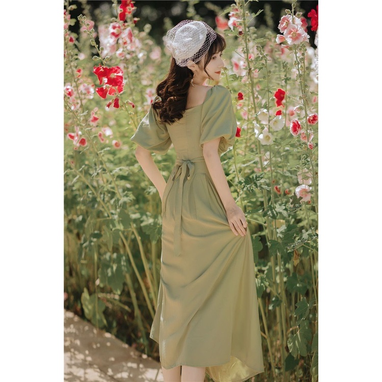 Đầm Dài Cổ Vuông Tay Phồng Thời Trang Mùa Hè Phong Cách Retro Pháp Cho Nữ