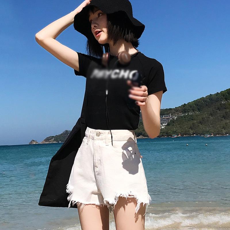 Quần Short Denim Lưng Cao Ống Rộng Thiết Kế Xẻ Rách Cá Tính