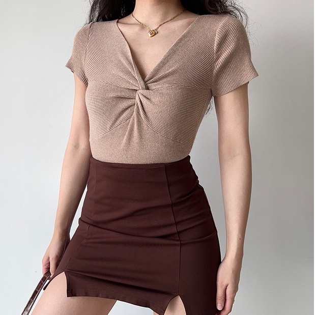 Áo Croptop Dệt Kim Cổ Chữ V Màu Sắc Trơn Thời Trang Mùa Hè Dành Cho Nữ