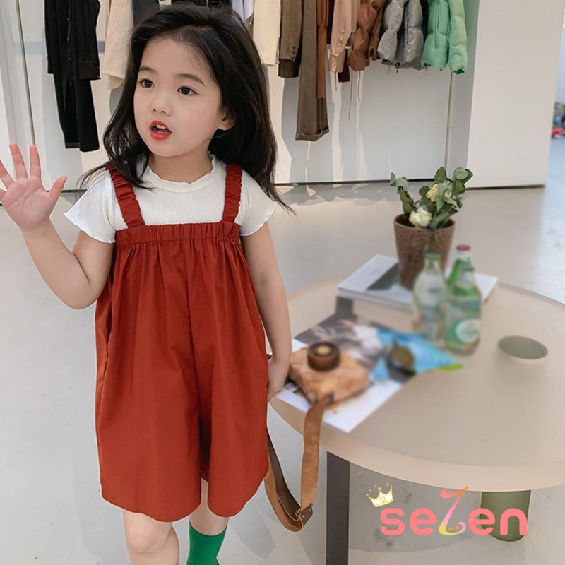 Se7en Set Áo Cổ Tròn Ngắn Tay + Quần Yếm Phong Cách Hàn Quốc Cho Bé Gái