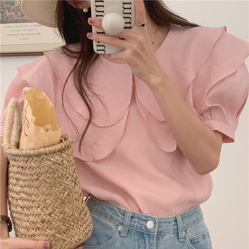 SUXI Áo Sơ Mi Tay Ngắn Dáng Rộng Cổ Bèo Màu Sắc Đơn Giản Phong Cách Hàn Quốc Thời Trang Mùa Hè