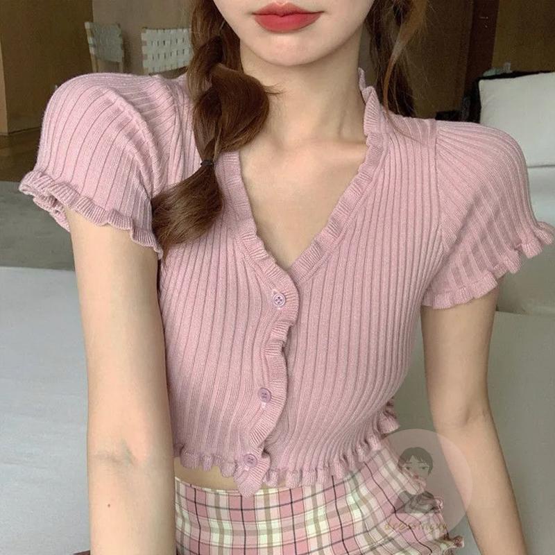 Áo Thun Dệt Kim Ngắn Mỏng Trang Trí Nút Áo Màu Trơn Cho Nữ