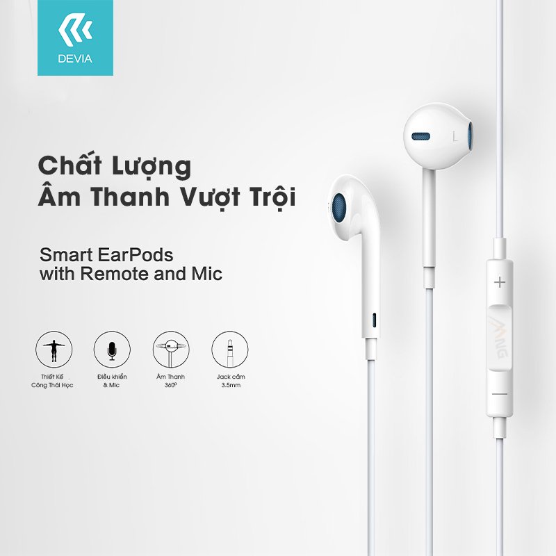 Tai Nghe Có Dây có mic nhét tai DEVIA smart earpods chân cắm 3,5 chơi game nghe nhạc hàng chính hãng bảo hành 1 năm