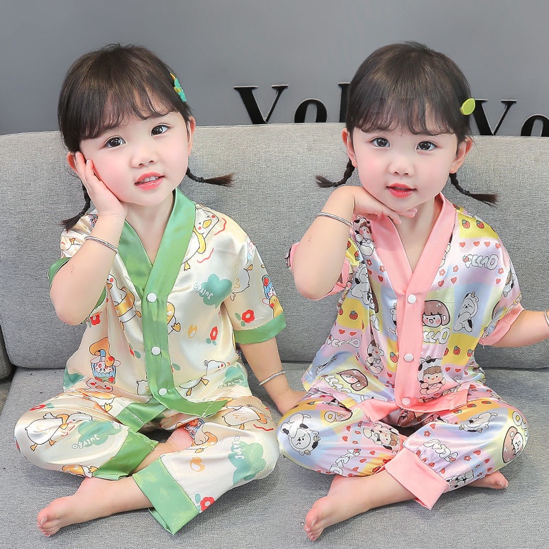 Bộ Đồ Ngủ Tay Dài + Quần Dài Chất Liệu Lụa Lạnh Mỏng In Họa Tiết Hoạt Hình Phong Cách Hàn Quốc Thời Trang Mùa Hè Cho Nữ 2023