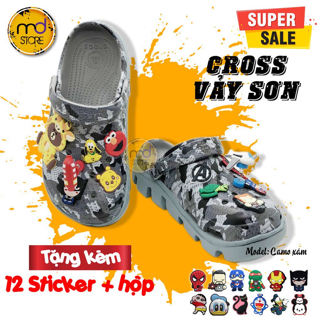 [Super Sale] Dép Cross vảy sơn Camo đế xám lượn sóng, dép mùa hè, đi biển, phượt... Tặng kèm 12 Sticker + Hộp