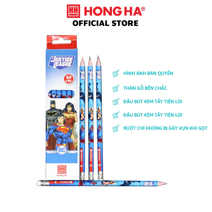 Bút chì Justice League 2B Hồng Hà - kèm đầu tẩy 1 hộp/12 chiếc (3506)