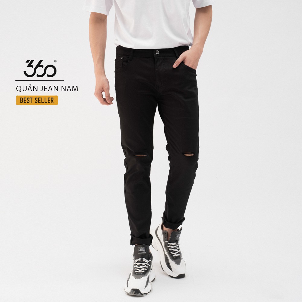 Quần jean nam 360 BOUTIQUE dáng dài rách gối màu đen - QJDTK137