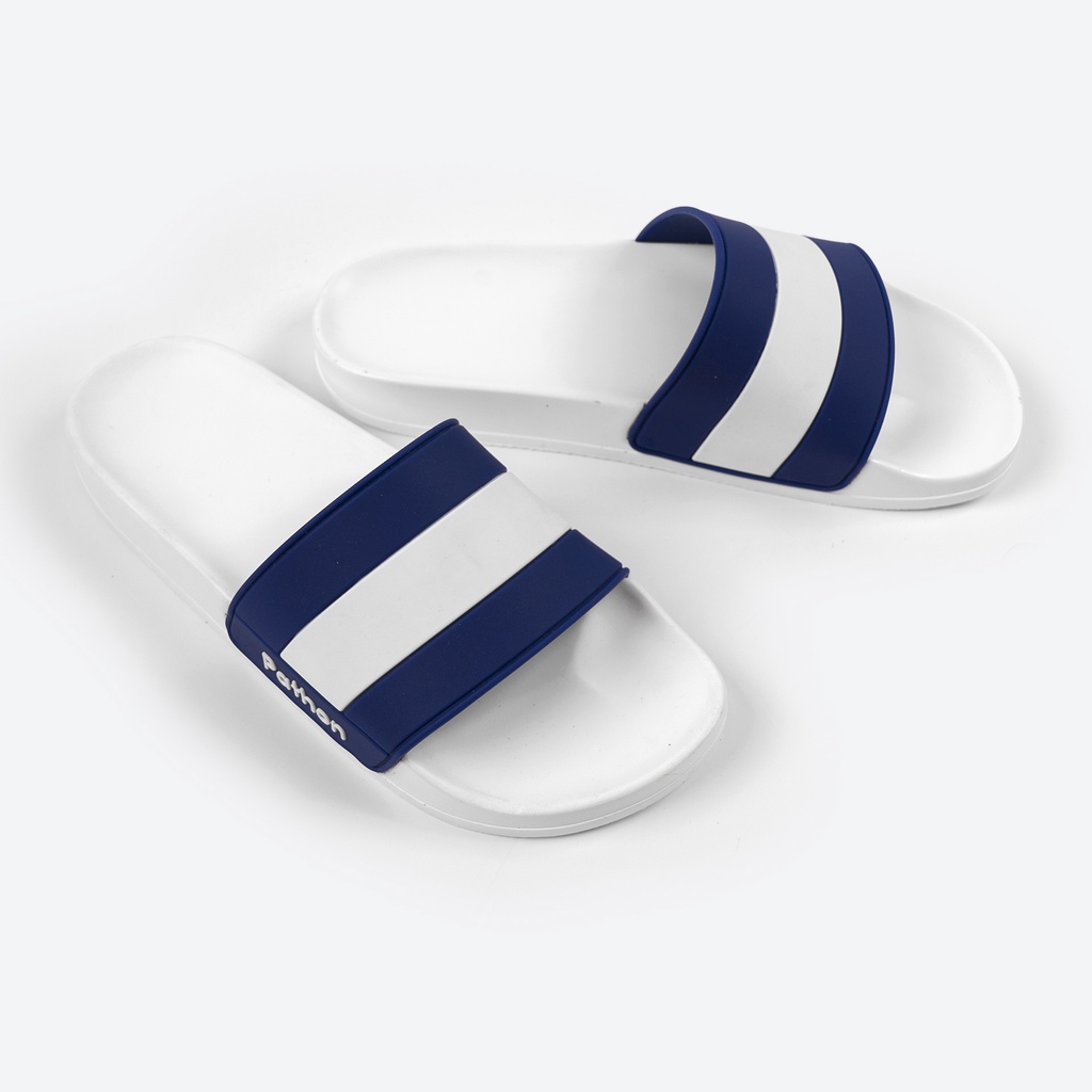 Dép nam nữ quai ngang slipper Pathon quai PVC và đế PU trắng quai sọc trắng xanh lớn SD37