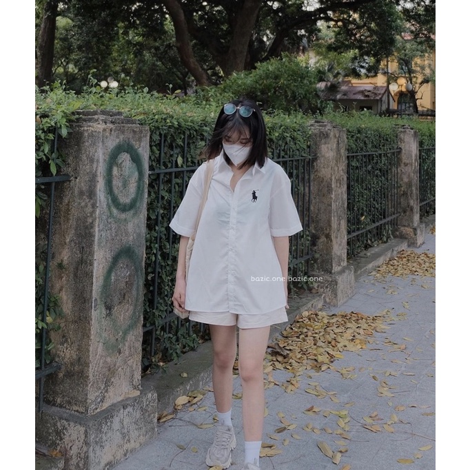 Sơ mi tay cộc thêu hình ngựa ( 2 màu trắng / kẻ sọc )