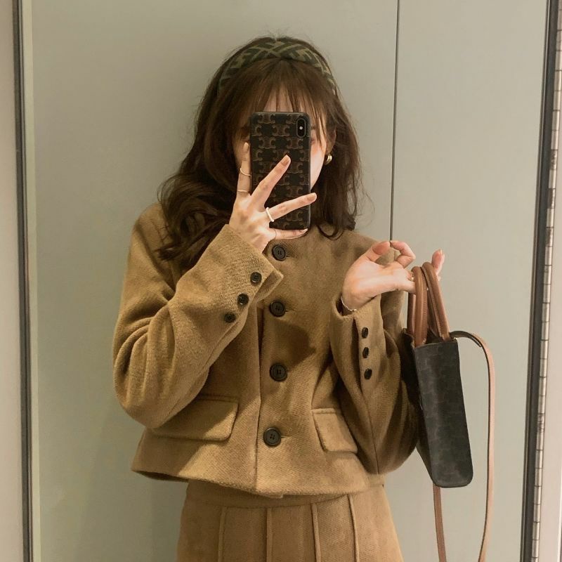 Set Dạ Tweed Áo Khoác Kèm Chân Váy Dài lưng Cao Xếp Ly To Bản Phong Cách Retro ❤️