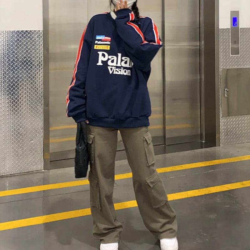 Jennie cùng phong cách cổ tròn in chữ Mỹ thời trang mùa thu cặp đôi váy cotton(cotton nguyên chât)