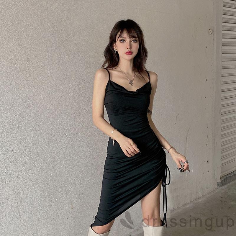 DRE-Women´s Slip Dress, Solid Color Sleeveless Drawstring Tie-Up Irregular Hem Backless Slim Dress