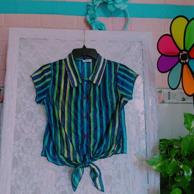 Áo sơ mi nữ kẻ sọc vải voan tơ thắt nơ eo siêu xinh hàng si tuyển size S