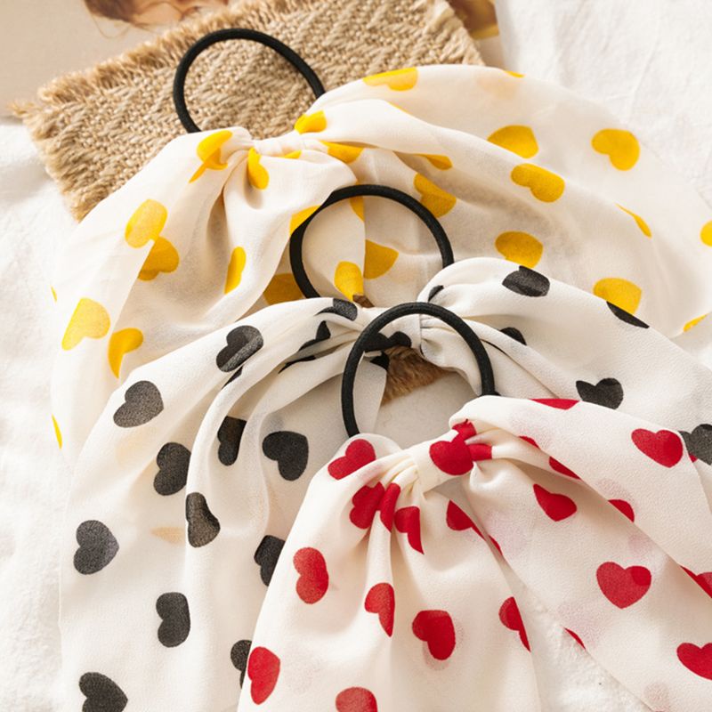 Dây buộc tóc co giãn phối ruy băng voan in họa tiết trái tim phong cách thời trang