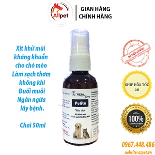 Xịt Khử Mùi kháng khuẩn cho chó mèo Pulito. Xịt khử mùi làm sạch thơm không khí cho chó mèo. Chai 50ml
