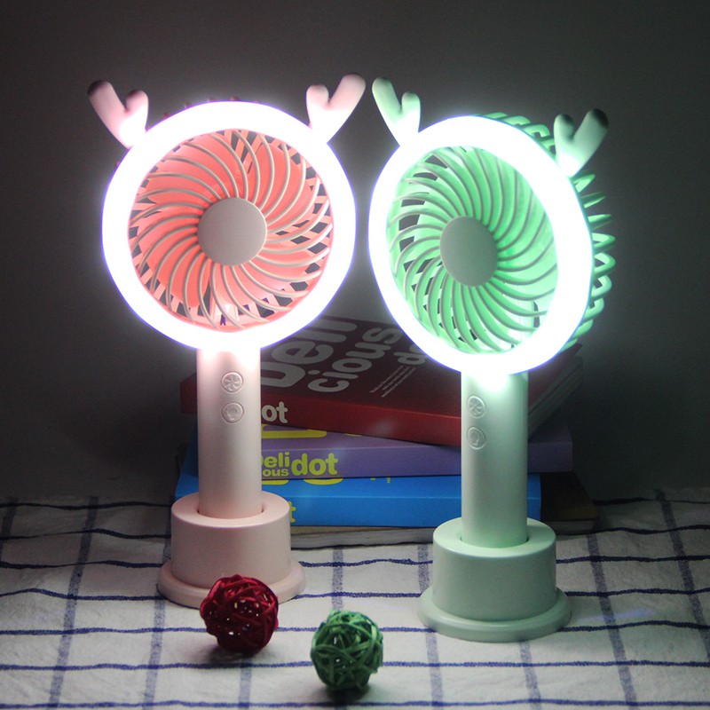 Quạt Tích Điện Mini Cầm Tay Hoặc Để Bàn Có Đèn Led Đế Tròn | BigBuy360 - bigbuy360.vn