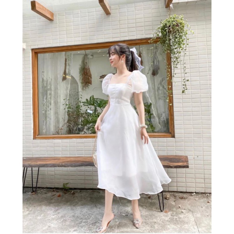 Đầm xòe tay phồng phối nút ngực chất tơ xinh cực Bori dress