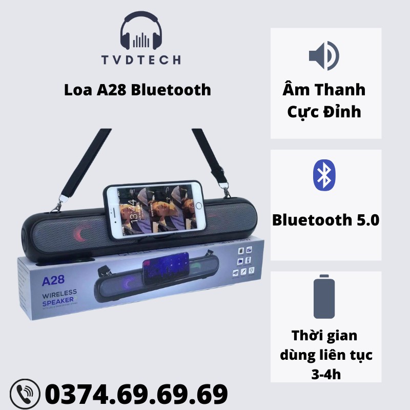 Loa Bluetooth A28 Kết Nối Không Dây, Dây Đeo Tiện Lợi, Âm Thanh Sống Động Tvdtech