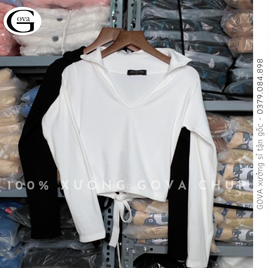 Áo Croptop cổ chữ V tay dài buộc nơ lưng Hot Trend Áo kiểu nữ ôm chất thun Cao Cấp gân mềm mát