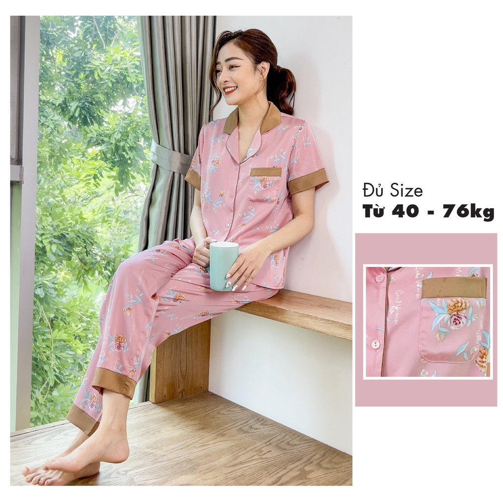 Bộ đồ pyjama nữ chính hãng CARDINA chất lụa satin Nhật cao cấp quần dài áo cộc tay họa tiết xinh xắn trẻ trung 1Pi16
