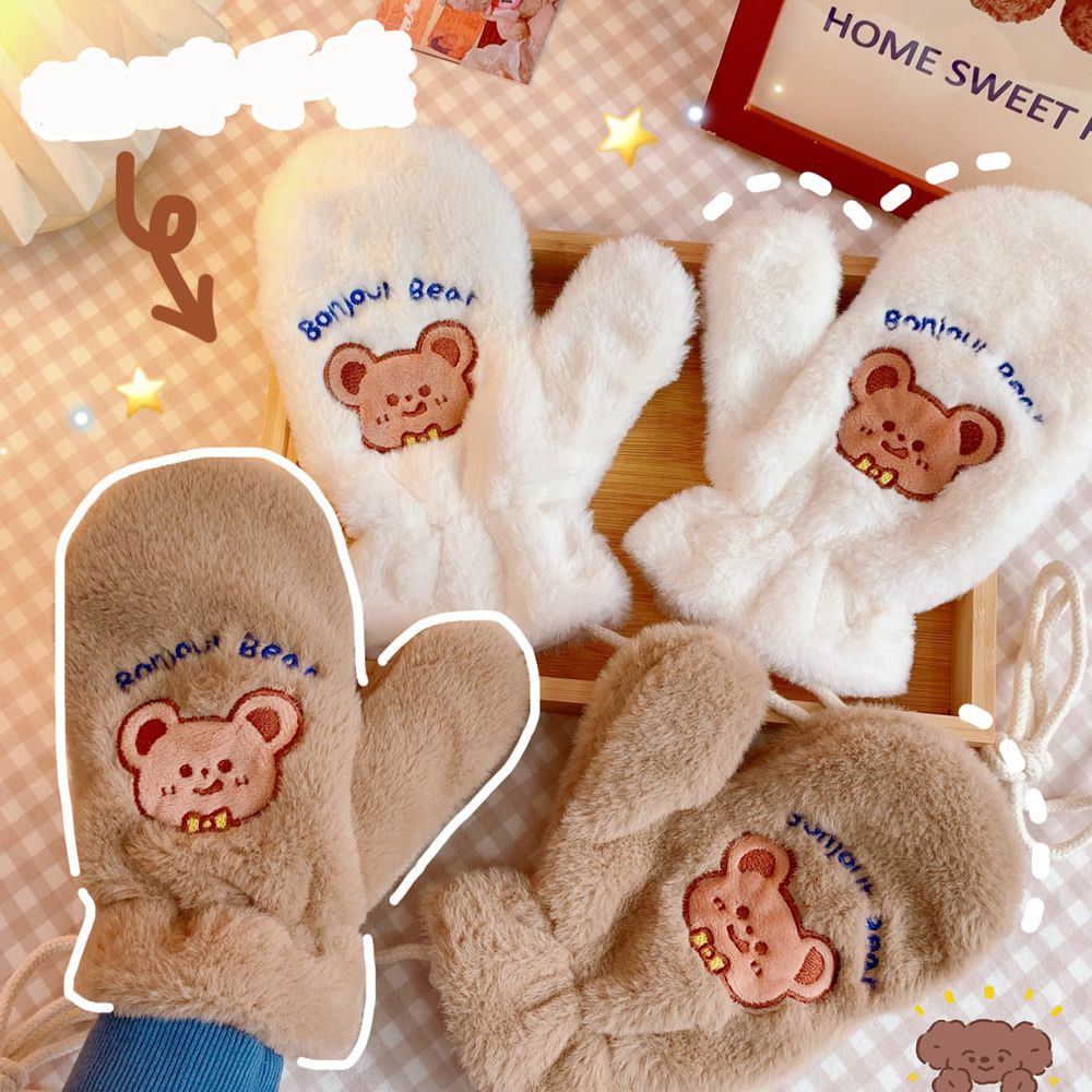 Găng tay lông dày xỏ ngón mẫu chữ cái và gấu dễ thương hoạt hình Kawaii Hàn Quốc