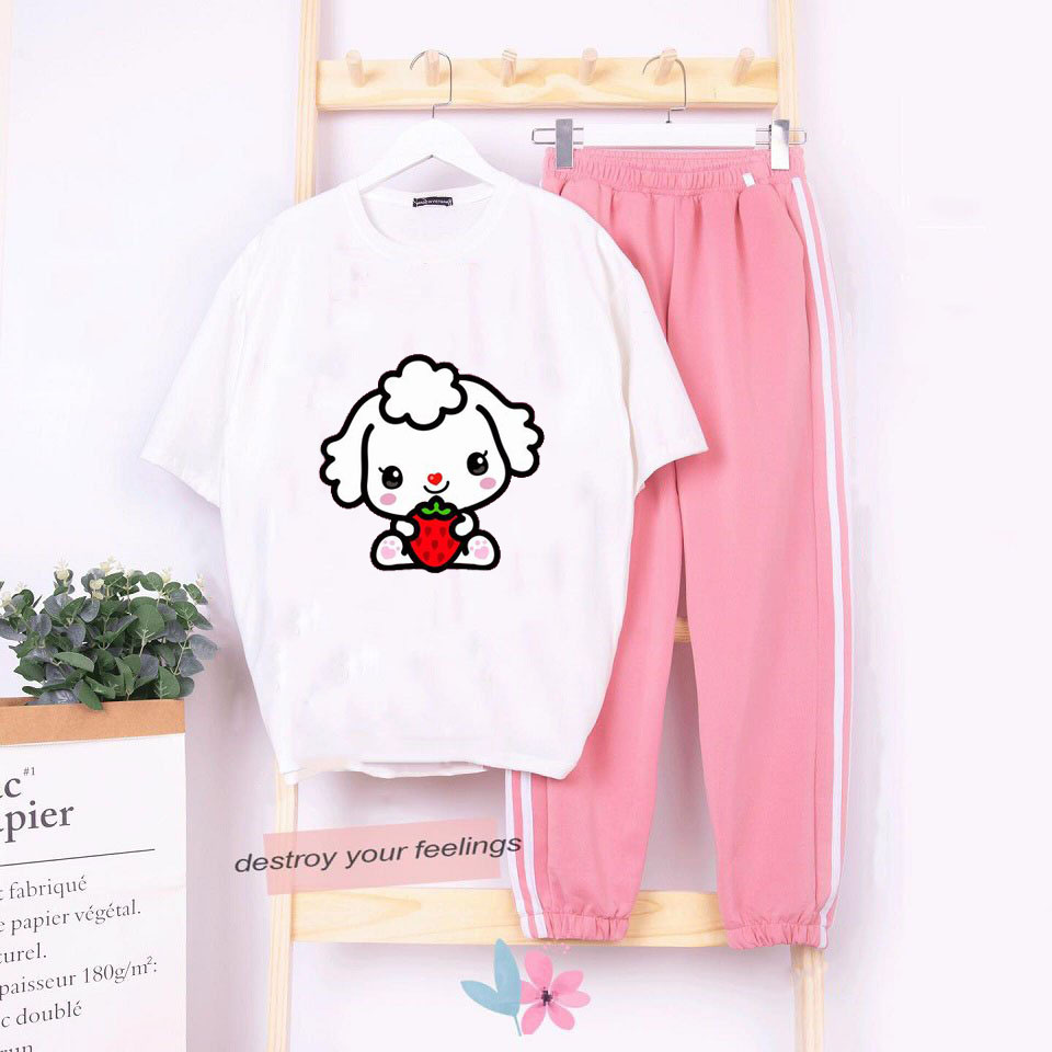 Sét Bộ Đồ Quần Dài Áo Ngắn Tay Nam Nữ Ulzzang Mặc Nhà Siêu Xinh, Áo Phông Cotton Mát Mịn In 3D Hình Chú Chó Rất Dễ Thươn