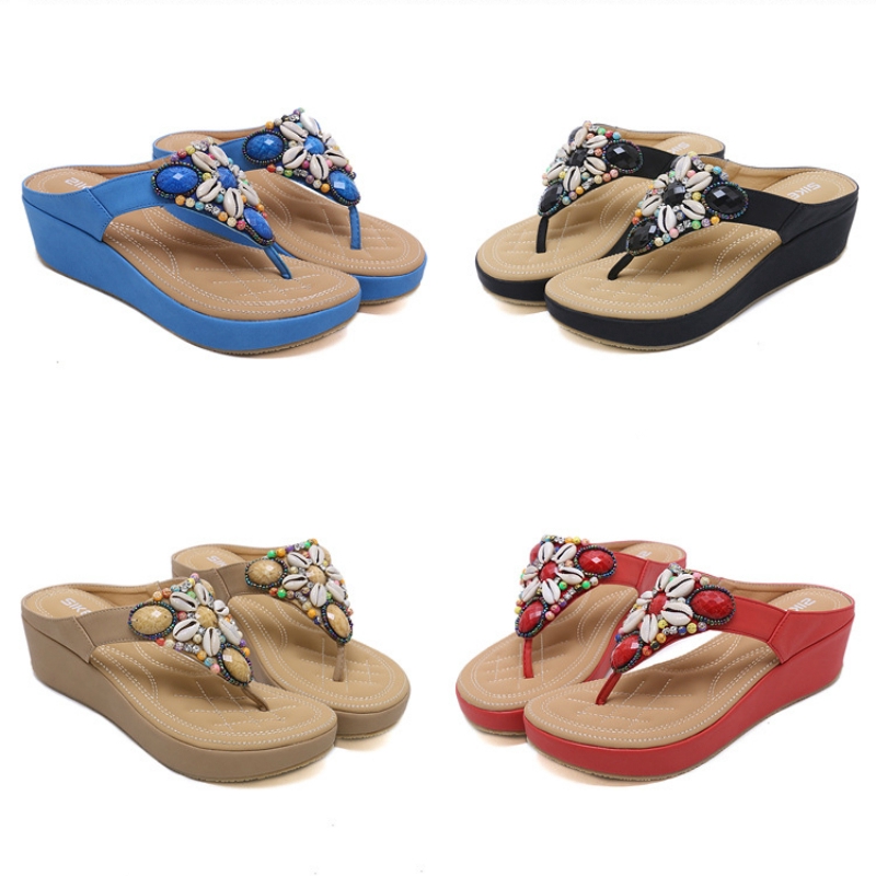 Xăng đan Đế Xuồng 5cm Đính Hạt Phong Cách bohemian Thời Trang Đi Biển Cho Nữ