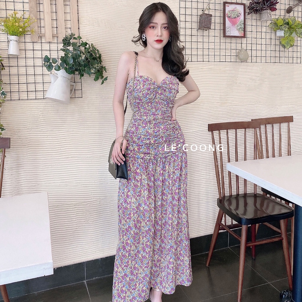 Váy Hoa Nhí Đầm Nữ Đẹp Hai Dây Ôm Body Tôn Dáng Thiết Kế Đi Biển Màu Tím_LeCoong V68